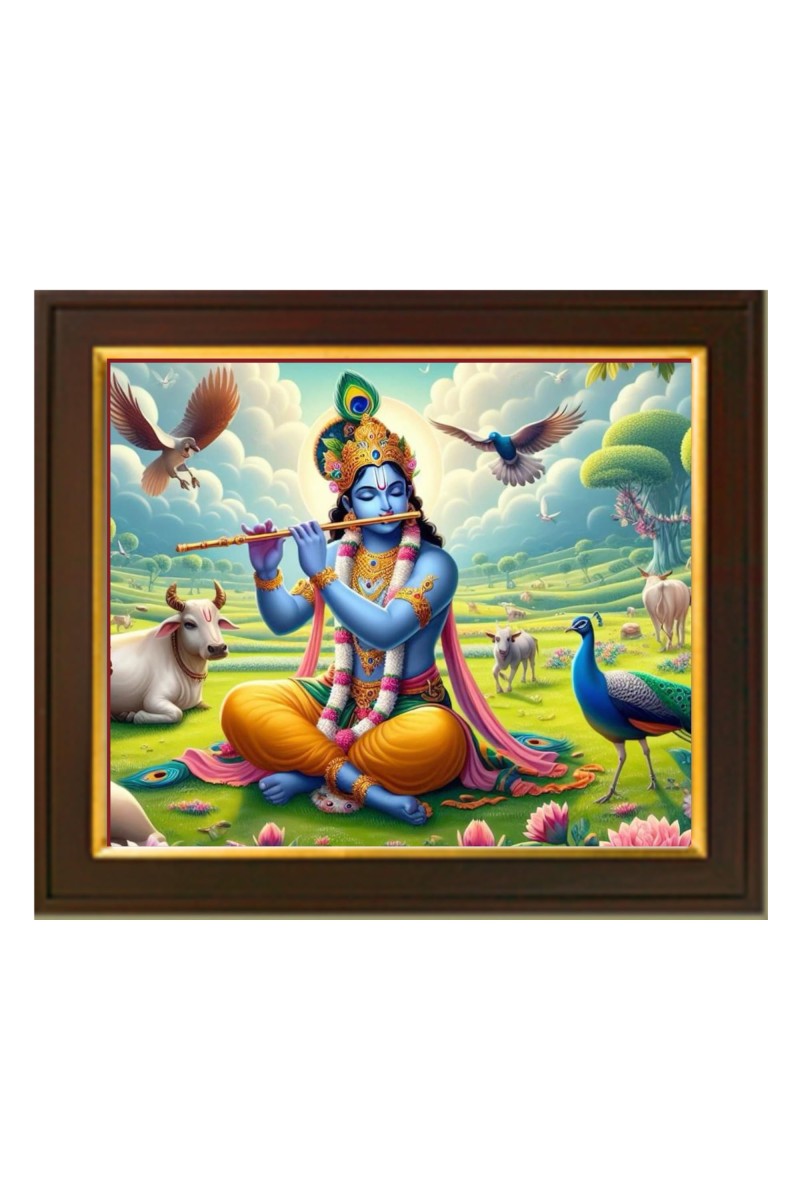 Hitech Sales Lord Krishna playing flute ai Photo with Beautiful 12X10 in synthetic Wood Frame With Glass Tabletop Wallmount display for Home office decor Gift for all occations