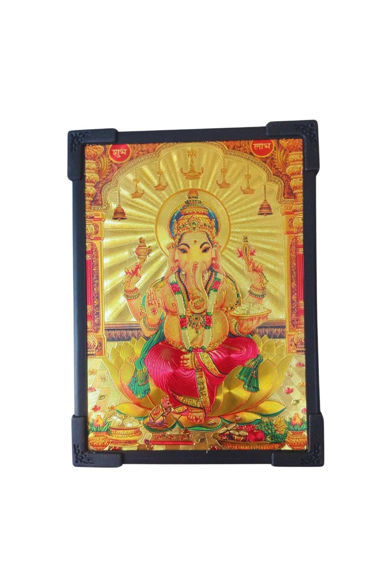 Hitech Sales Hindu God Lord Ganesh Gold Plated Wooden Laminated Photo Frame 5x7 Inch Decorative Frame for Home, Office, and Temple