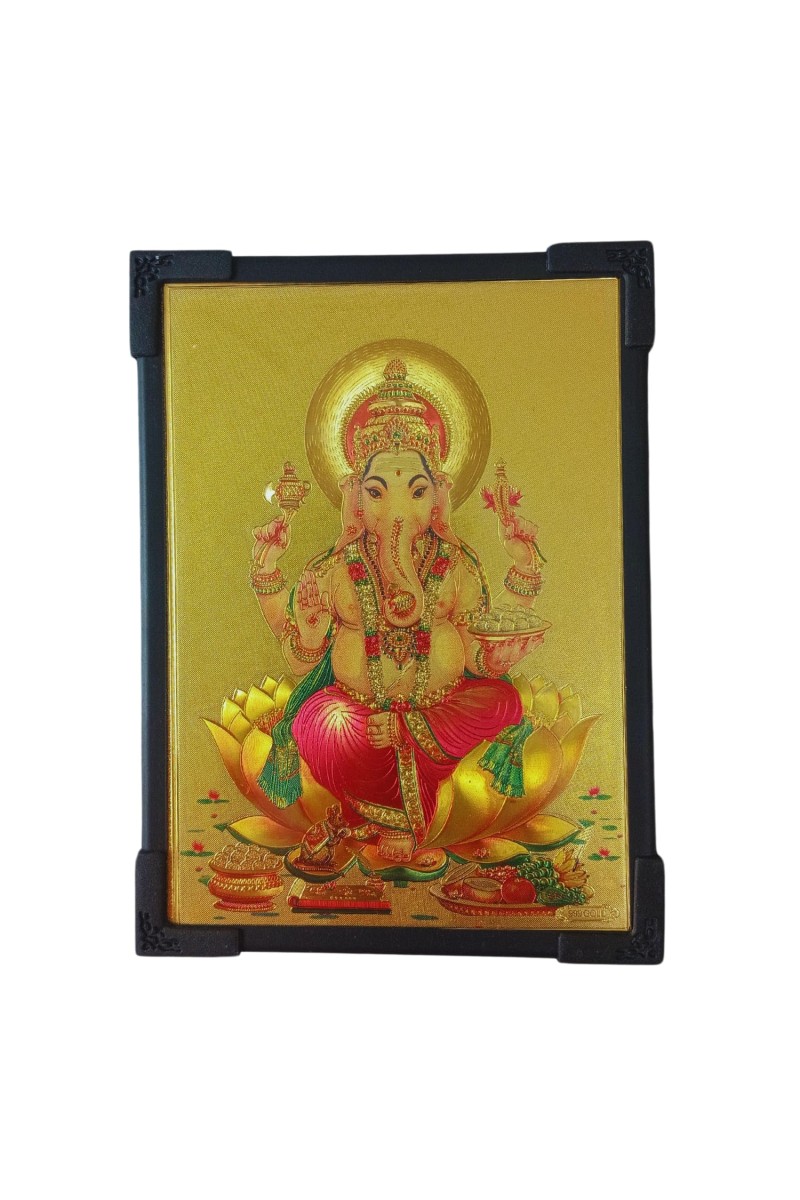 Hitech Sales Hindu God Ganesha Gold Plated Wooden Laminated Photo Frame 5x7 Inch Decorative Frame for Home, Office, and Temple