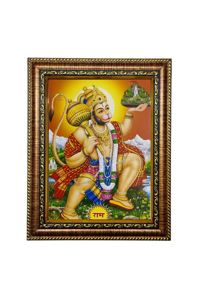 Sri Hanuman photo frame/golden frame, laminated pic, font glass