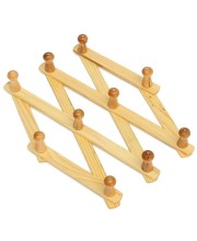HiTechMart Wooden Wall Mounted Expandable Coat Rack – Heavy Duty Multipurpose Clothes Hanger with 10 Pcs Hooks for Hats, Bags, Jackets, Kitchen Towels – Rustic Folding Accordion Design (Pack of 1)