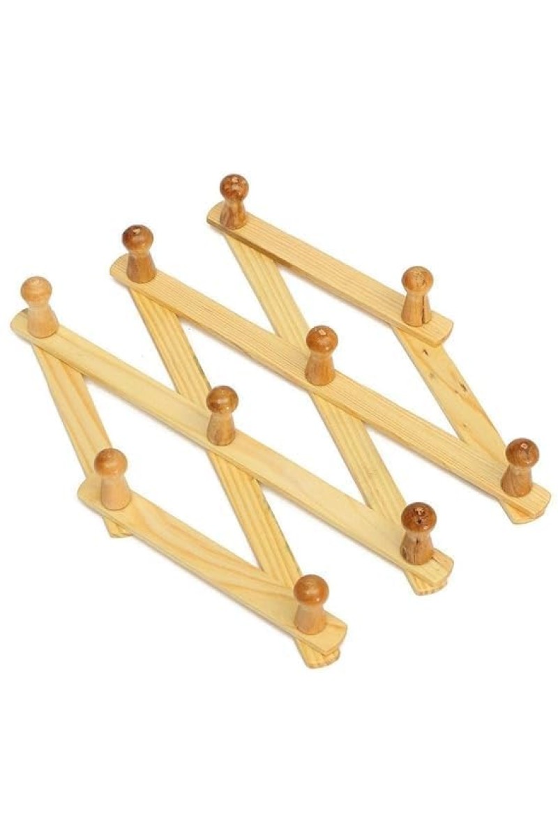 HiTechMart Wooden Wall Mounted Expandable Coat Rack – Heavy Duty Multipurpose Clothes Hanger with 10 Pcs Hooks for Hats, Bags, Jackets, Kitchen Towels – Rustic Folding Accordion Design (Pack of 1)