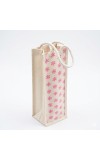 Eco-Friendly Jute Bottle Bag with Rope Handle – Reusable Burlap Wine Gift Bag for Champagne, Water & Beverage Bottles – Pink Floral Print (Pink Small flowers)