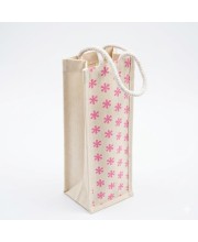 Eco-Friendly Jute Bottle Bag with Rope Handle – Reusable Burlap Wine Gift Bag for Champagne, Water & Beverage Bottles – Pink Floral Print (Pink Small flowers)