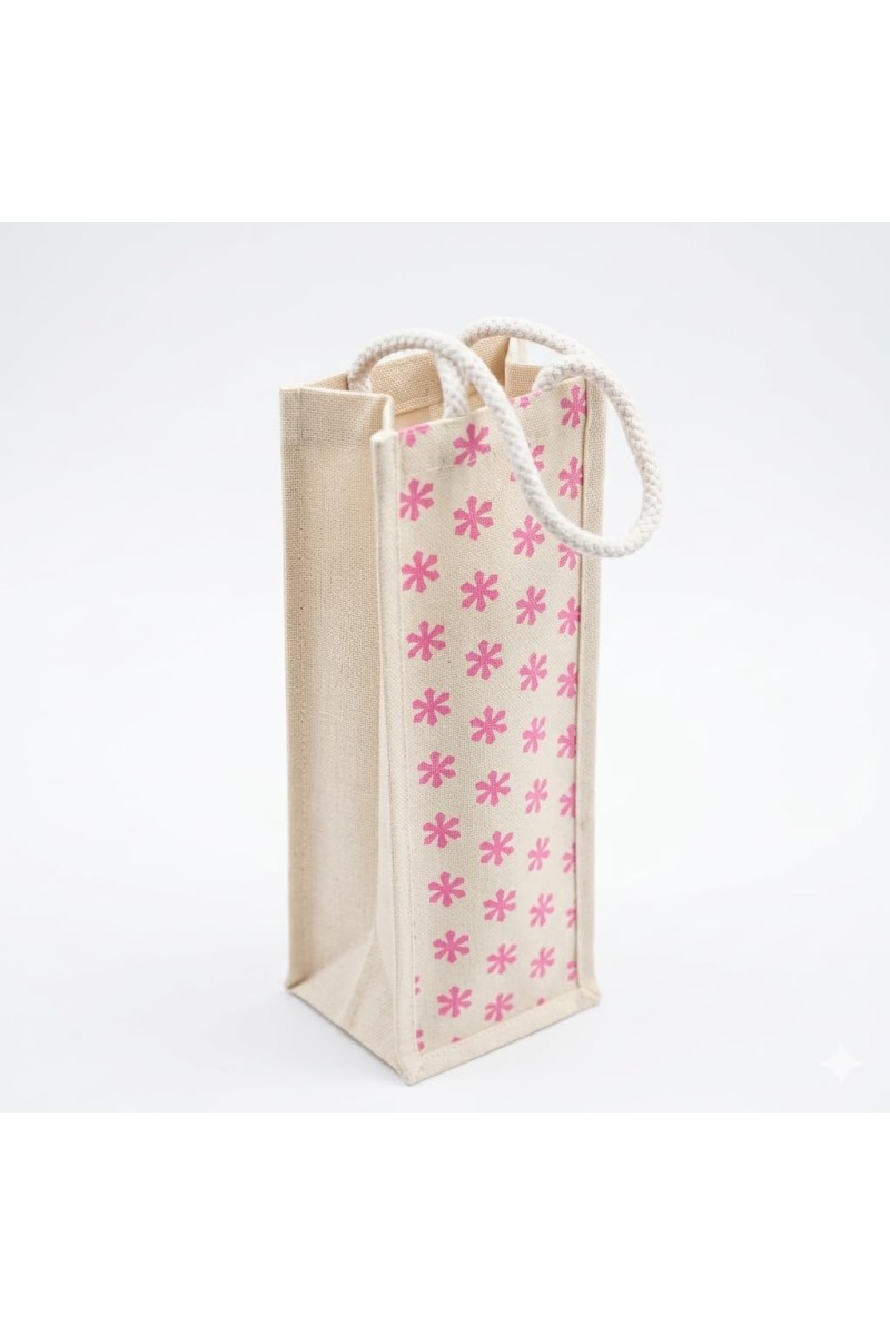 Eco-Friendly Jute Bottle Bag with Rope Handle – Reusable Burlap Wine Gift Bag for Champagne, Water & Beverage Bottles – Pink Floral Print (Pink Small flowers)
