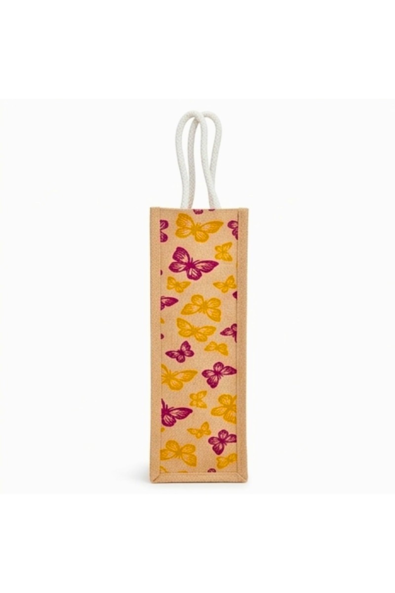 Jute Fabric Bottle Holder Bag | Printed Reusable Gift Bag with Sturdy Rope Handles | Lightweight & Durable Design