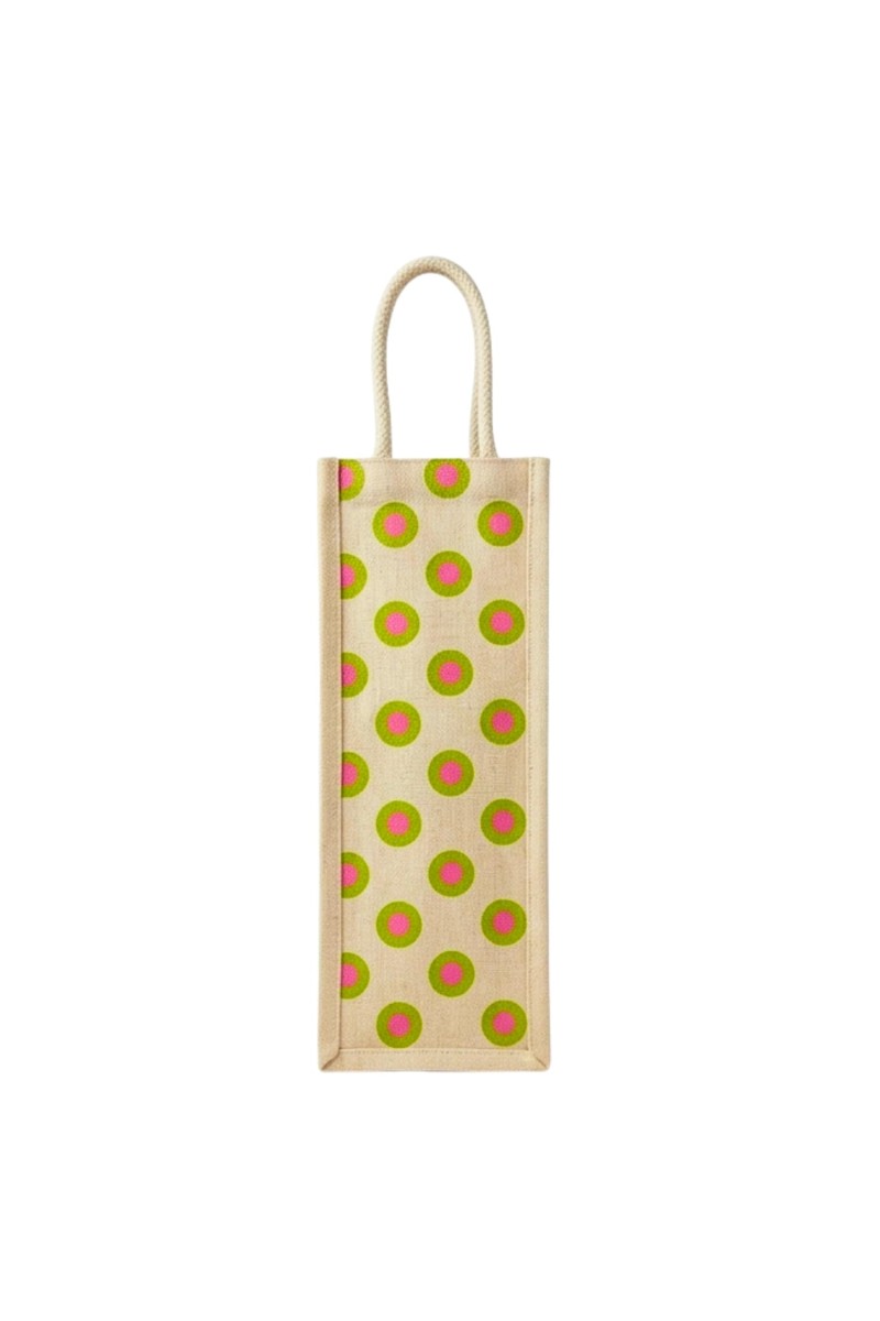 Jute Fabric Bottle Holder Bag | Printed Reusable Jute Wine Bottle with Polka Dot Print Gift Bag with Sturdy Rope Handles | Lightweight & Durable Design (Polka dot print)