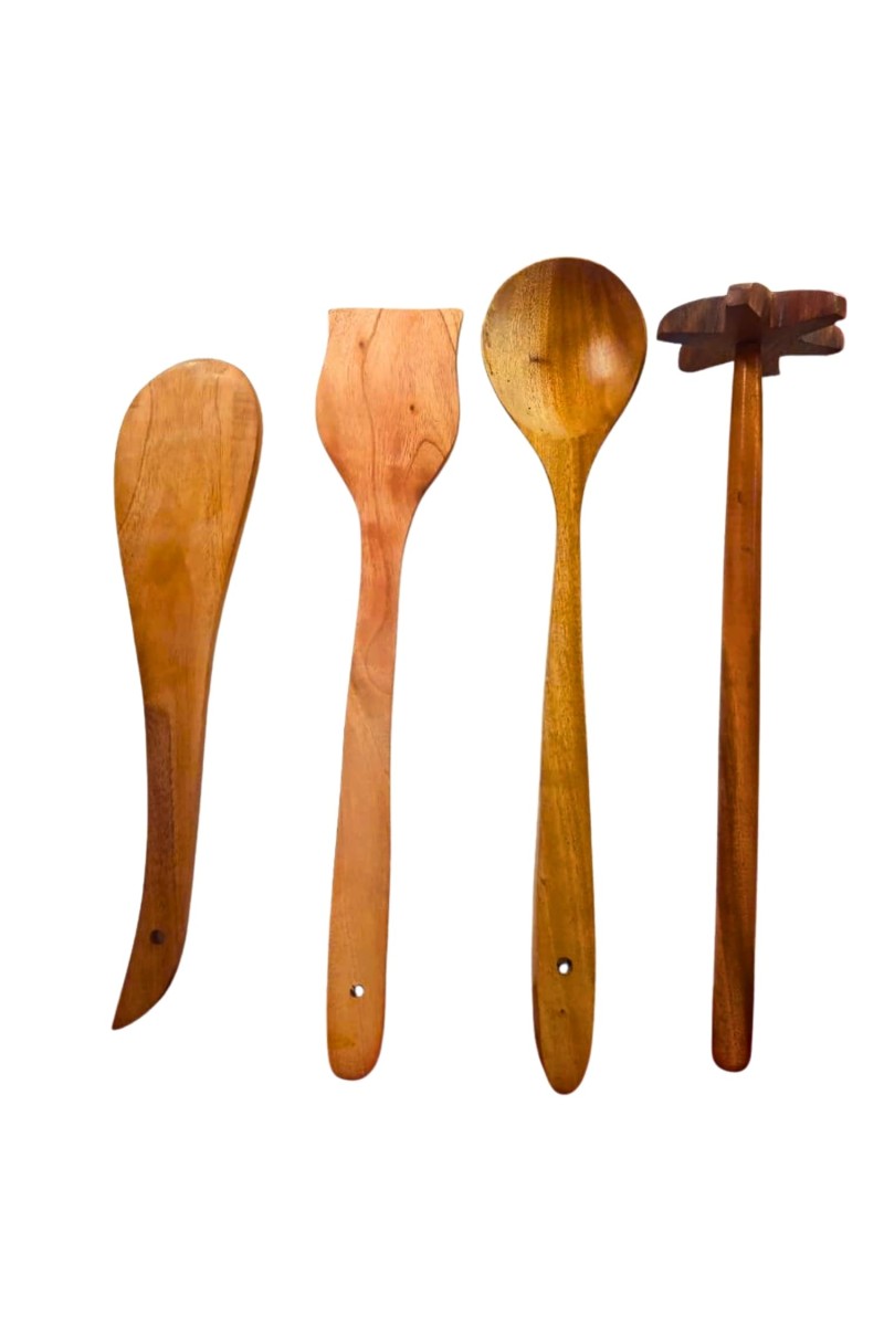 Wooden Cooking Spoons Set of 4 | Handmade Kitchen Utensils for Cooking & Serving | Natural Wood Spatula, Turner, Masher & Serving Spoon for Non-Stick Cookware