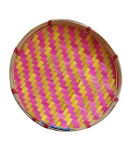 Handcrafted Bamboo Winnowing Tray – Multi-Colored (Pink & Yellow) Traditional Bamboo Soop for Decoration, Puja Dala
