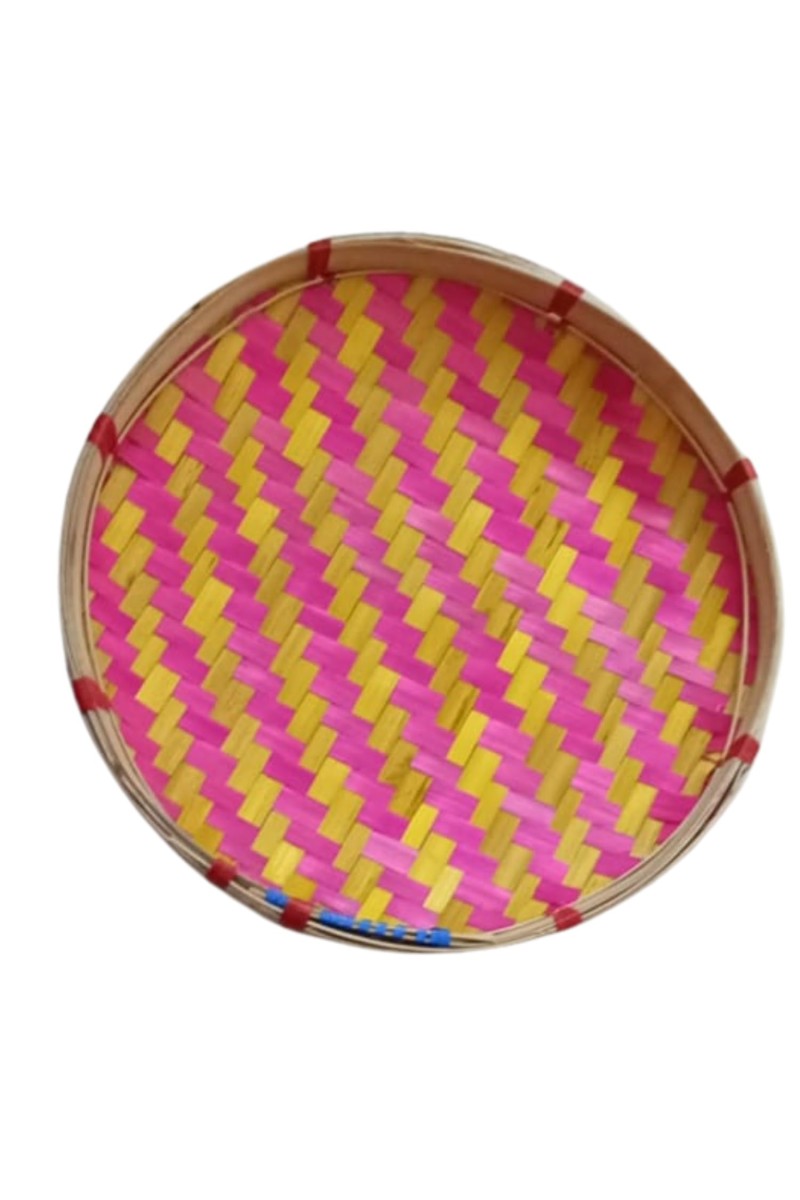 Handcrafted Bamboo Winnowing Tray – Multi-Colored (Pink & Yellow) Traditional Bamboo Soop for Decoration, Puja Dala
