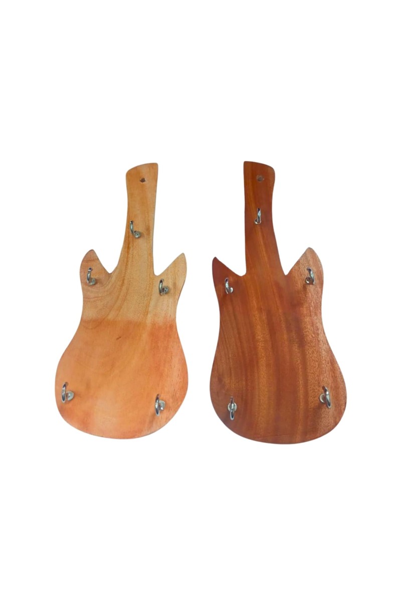 Wooden Guitar Shape Wall Key Holder with 5 Metal Hooks Set of 2 | Decorative Key Stand for Home, Office & Gift Use