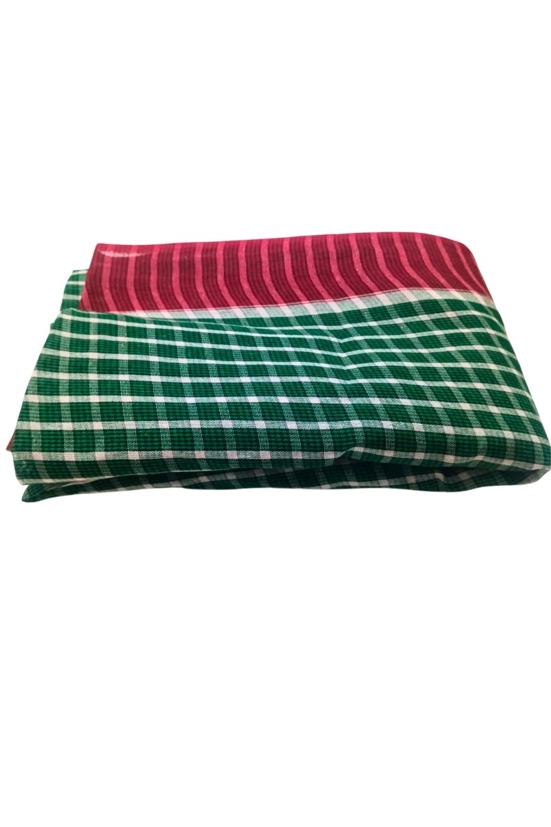Traditional Cotton Gamcha Checkered Design – Green & White with Red Border | Multipurpose Handloom Towel, Absorbent Bath & Face Cloth.