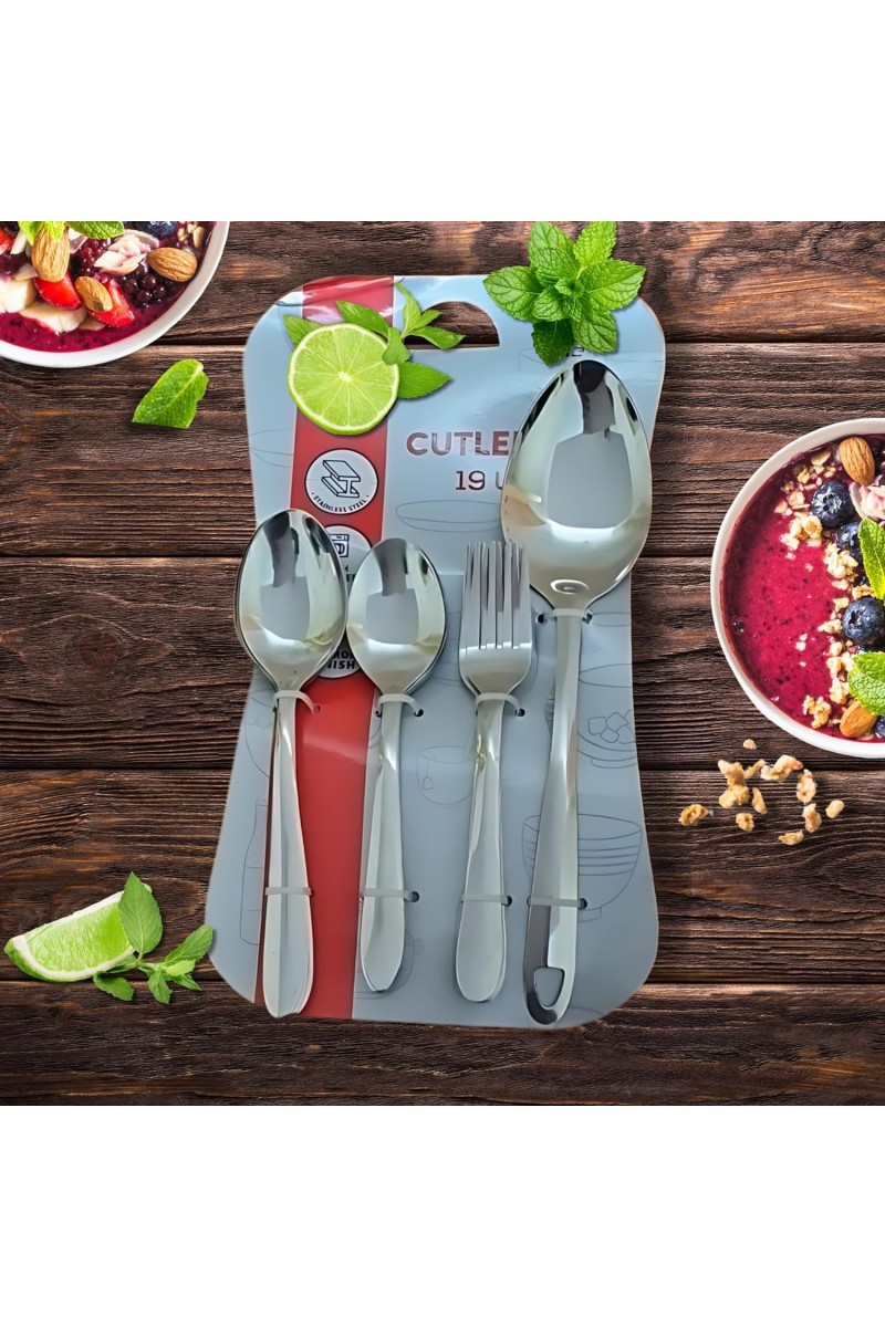 Hitech Sales Stainless Steel Spoons Set of 19, 6N Dessert Spoon + 6N Spoon + 6N Fork + 1N Serving Spoon 9 Premium Spoons for Home & Kitchen, Luxury Dinning Tableware Gift for House Warming