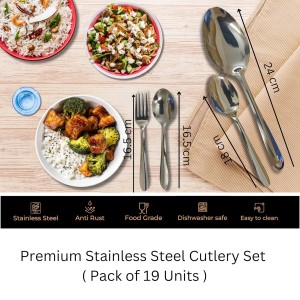 Hitech Sales Stainless Steel Spoons Set of 19, 6N Dessert Spoon + 6N Spoon + 6N Fork + 1N Serving Spoon 9 Premium Spoons for Home & Kitchen, Luxury Dinning Tableware Gift for House Warming
