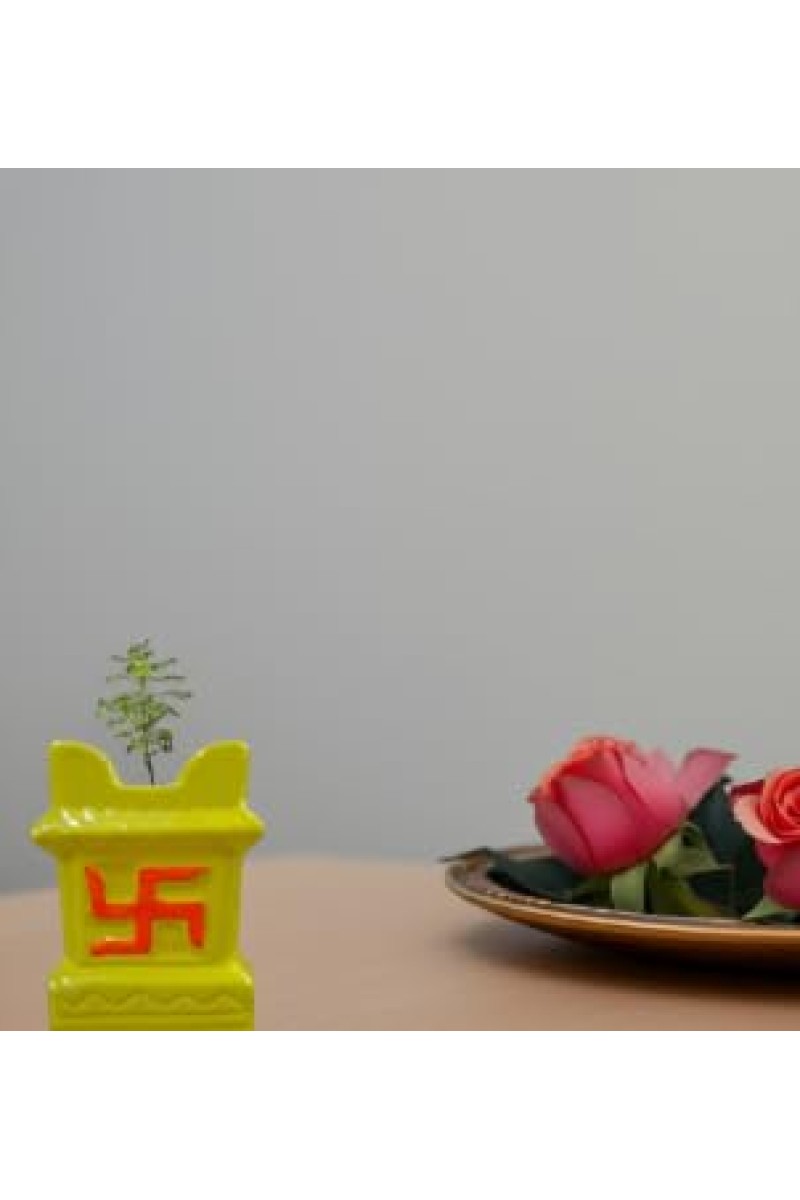 HI TECH Sales Tulsi Ceramic Mandir | Traditional Tulsi Plant Pot with Om & Swastik Symbols | Sacred Hindu Planter for Home & Temple Use(Yellow)