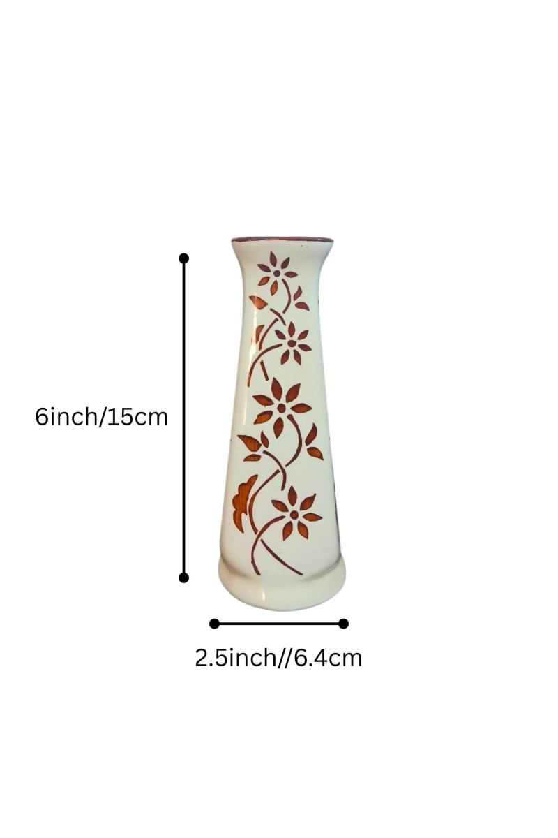 Ceramic Flower Vase for Home Decor | Handcrafted White Vase with Brown Floral Design | Decorative Tabletop & Floor Vase for Living Room, Office & Gifting