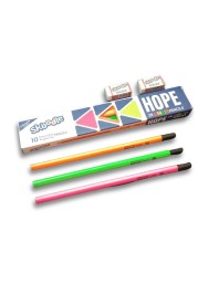 Hitech Sales Skoodle Hope 2B Neon Pencils Set with 2 Erasers - Pack of 10 Premium Wooden Pencils with Triangular Grip for Writing and Drawing