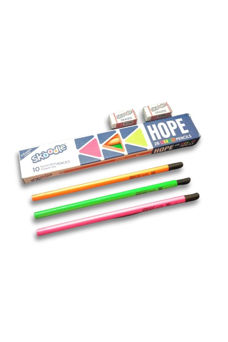 Hitech Sales Skoodle Hope 2B Neon Pencils Set with 2 Erasers - Pack of 10 Premium Wooden Pencils with Triangular Grip for Writing and Drawing