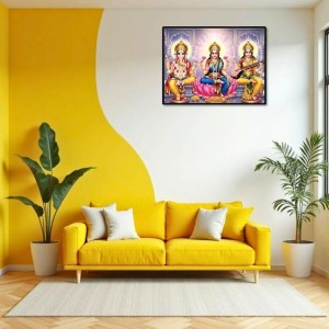 Lord Ganesha Maa Laxmi Sarswati Laminated Photo - 7x9 Inches, Divine Blessings For Home & Office And Temple Decoration (F16142)