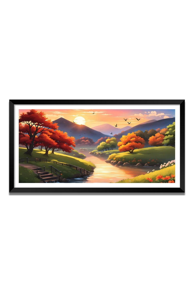 Nature Landscape Floating Frame Scenery Digital Print - (I5614) - 12x24 inch Modern Nature Wall Art for Living Room, Bedroom, Office, Hotels, Drawing Room