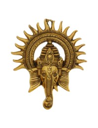 HiTechmart Brass Lord Ganesha Wall Hanging – Antique Finish Ganpati Face Sculpture with Sun Halo Design for Home Temple Decor, Office Entrance, Vastu & Spiritual Gifts – Handcrafted Indian Art