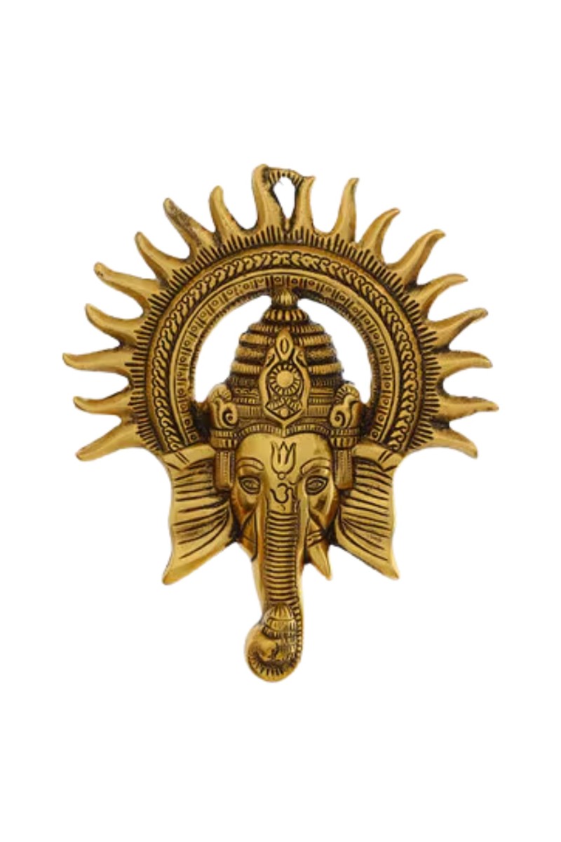 HiTechmart Brass Lord Ganesha Wall Hanging – Antique Finish Ganpati Face Sculpture with Sun Halo Design for Home Temple Decor, Office Entrance, Vastu & Spiritual Gifts – Handcrafted Indian Art