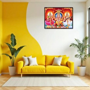 Lord Ganesha Maa Laxmi Sarswati Laminated Photo - 7x9 Inches, Divine Blessings For Home & Office And Temple Decoration (F16132)