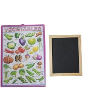 Hitech Sales Combo of Wooden Framed Small Blackboard Slate with White Chalk Sticks & Nursery Educational Wall Chart – Learning Kit for Kids (Wooden Blackboard with Vegetable Chart)
