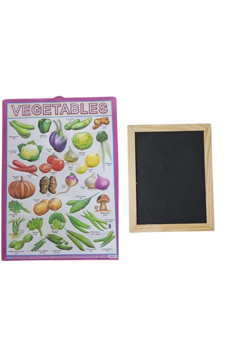 Hitech Sales Combo of Wooden Framed Small Blackboard Slate with White Chalk Sticks & Nursery Educational Wall Chart – Learning Kit for Kids (Wooden Blackboard with Vegetable Chart)
