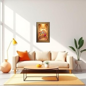 Lord Rama Sita Hanuman Digital Golden Balck Color Photo Frame | Hindu Religious Wall Decor | 18x24 Inches - Inspirational Wall Art For Office, Home Decor - Ideal Spiritual Gift (F16570)
