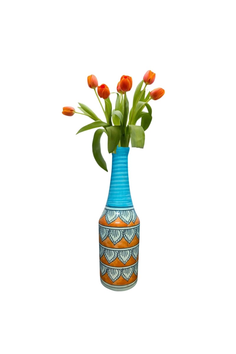 Handcrafted Ceramic Vase with Floral Pattern – Decorative Flower Vase for Living Room & Tabletop Décor (only Pot)