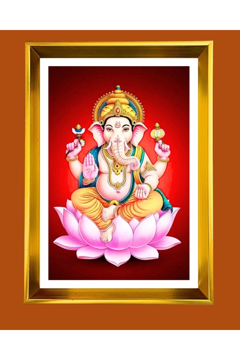 Lord Ganesh Golden Photo Frame - 12x16 Inches | Elegant Wooden Frame For Home, Office & Temple Decoration | Spiritual Wall & Table Decor And Gift Item (F9925)