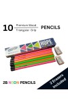 Hitech Sales Skoodle Hope 2B Neon Pencils Set with 2 Erasers - Pack of 10 Premium Wooden Pencils with Triangular Grip for Writing and Drawing