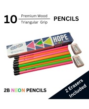 Hitech Sales Skoodle Hope 2B Neon Pencils Set with 2 Erasers - Pack of 10 Premium Wooden Pencils with Triangular Grip for Writing and Drawing Hitech Sales Skoodle Hope 2B Neon Pencils Set with 2 Erasers - Pack of 10 Premium Wooden Pencils with Triangular Grip for Writing and Drawing