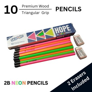 Hitech Sales Skoodle Hope 2B Neon Pencils Set with 2 Erasers - Pack of 10 Premium Wooden Pencils with Triangular Grip for Writing and Drawing