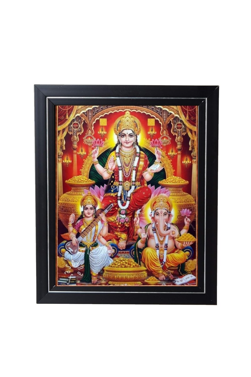 Hitech Sales Sri Lakshmi, Ganesh, Saraswati Photo Frame for Pooja Room, Temple Decor, Home Decoration and Gift (Wall and Tabletop, Rectangular, Printed Photo, 12 x 14 inches Frame, Brown)