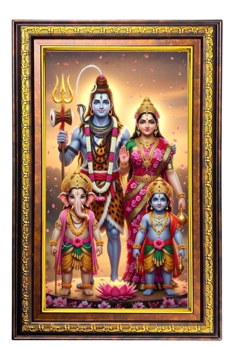 Lordshiva And Parvathi Family Digital Golden Balck Color Photo Frame | Hindu Religious Wall Decor | 12x18 Inches - Inspirational Wall Art For Office, Home Decor - Ideal Spiritual Gift (F16825)