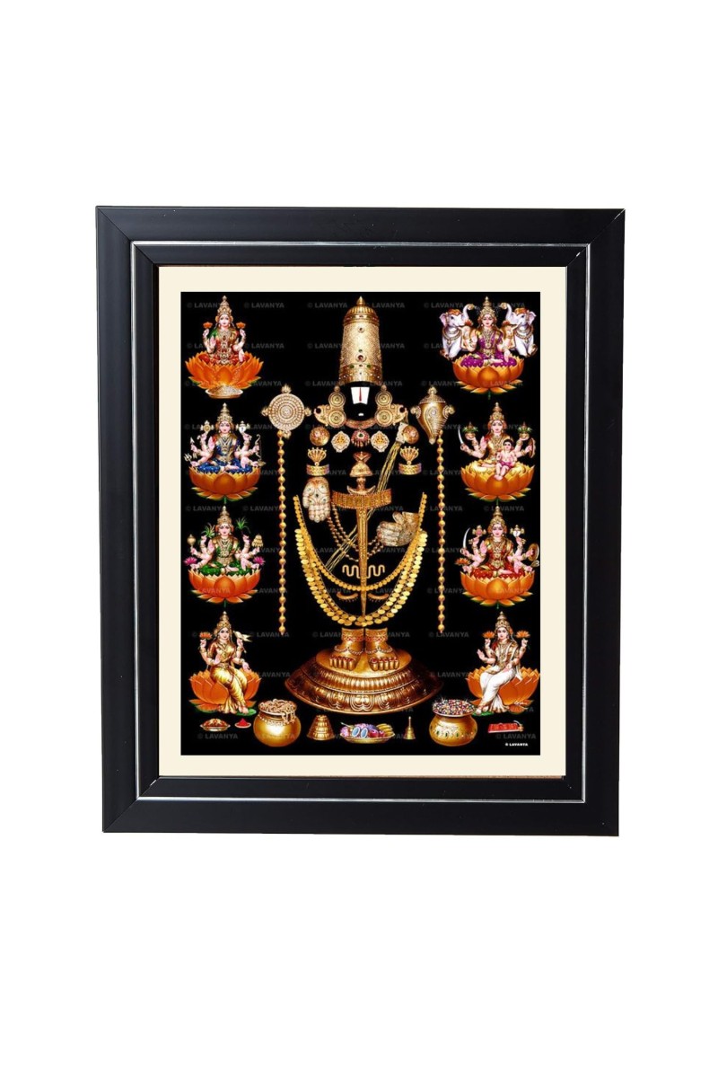 Hitech Sales Tirupati Balaji with Ashta Laxmi Photo Frame for Pooja Room, Temple Decor, Home Decoration and Gift (Wall and Tabletop, Rectangular, Printed Photo, 12 x 14 inches Frame, Brown)