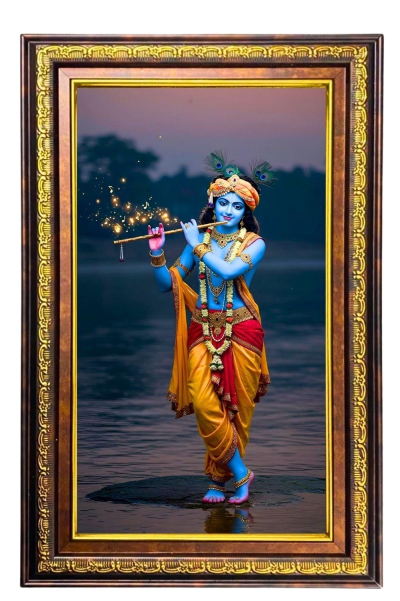 Lord Krishna Digital Golden Balck Color Photo Frame | Hindu Religious Wall Decor | 18x24 Inches - Inspirational Wall Art For Office, Home Decor - Ideal Spiritual Gift (F16688)