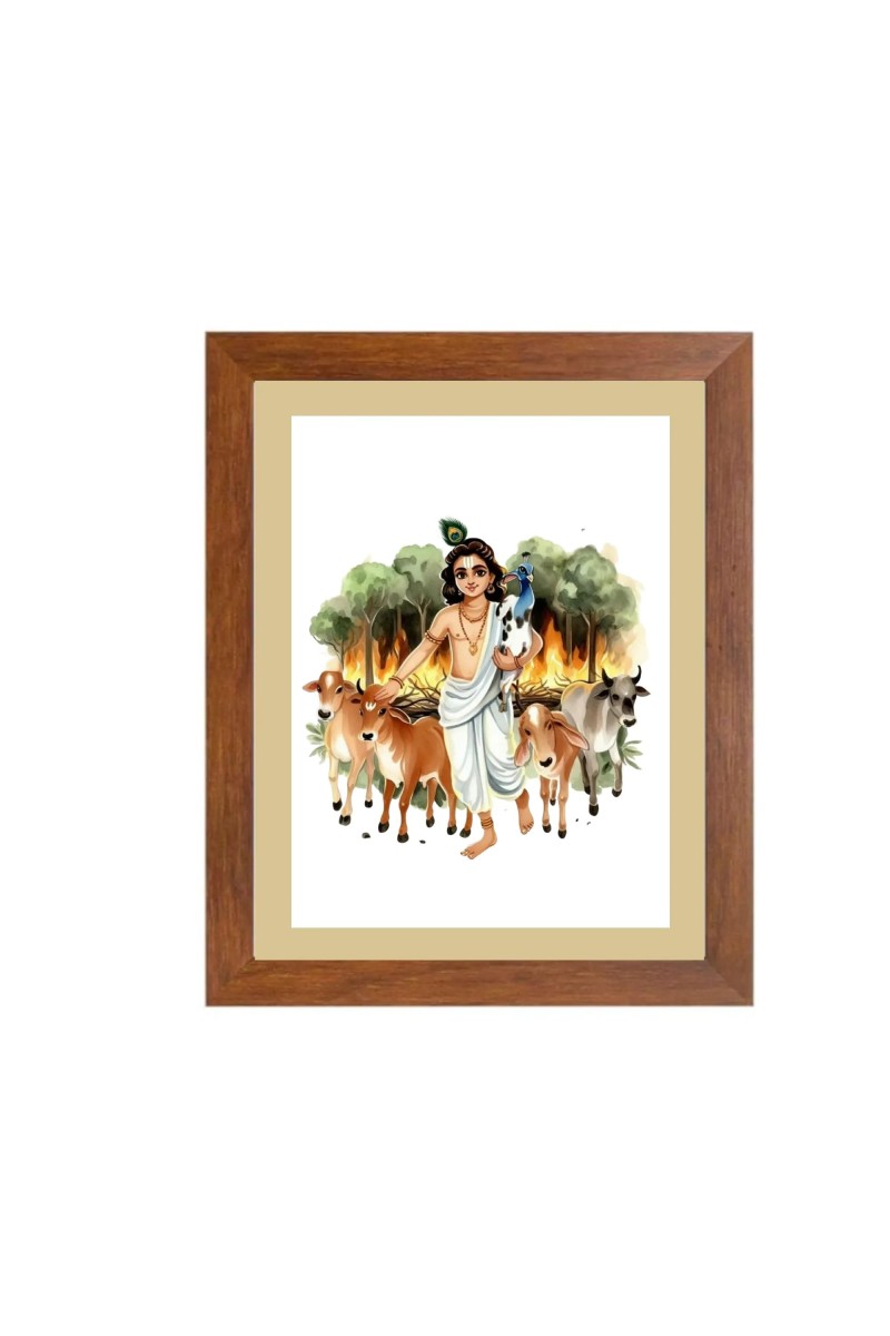 Krishna with Herd of Cows |Beautiful Handcrafted Spiritual Art Print |Divine HomeDecoration |Ideal for Puja Room and Religious Altars