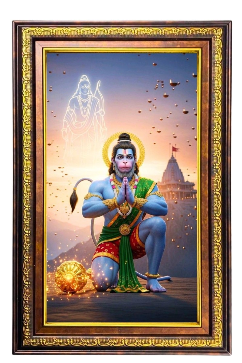 Lord Hanuman Digital Golden Balck Color Photo Frame | Hindu Religious Wall Decor | 10x16 Inches - Inspirational Wall Art For Office, Home Decor - Ideal Spiritual Gift (F16707)