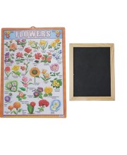 Hitech Sales Combo of Wooden Framed Small Blackboard Slate with White Chalk Sticks & Nursery Educational Wall Chart – Learning Kit for Kids (Wooden Blackboard with Flowers Chart)