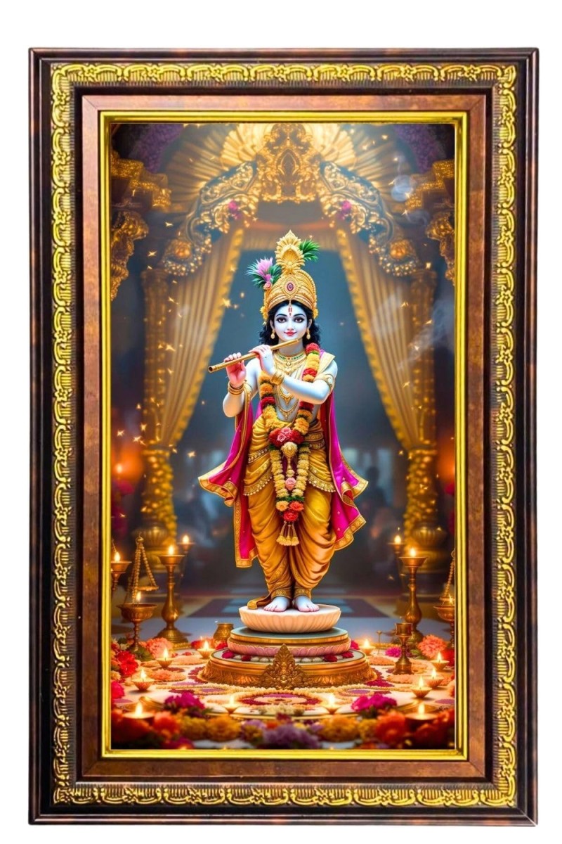 Lord Krishna Digital Golden Balck Color Photo Frame | Hindu Religious Wall Decor | 18x24 Inches - Inspirational Wall Art For Office, Home Decor - Ideal Spiritual Gift (F16933)