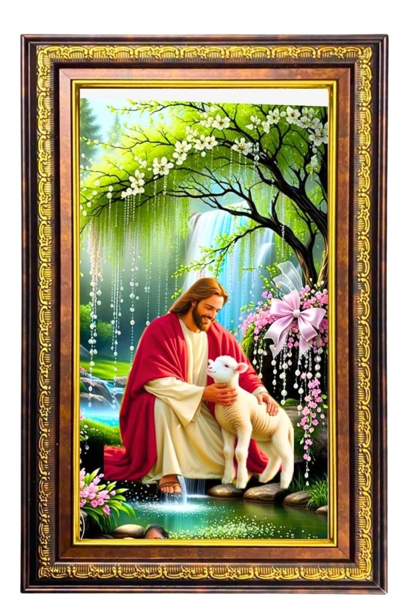 Lord Jesus Digital Golden Balck Color Photo Frame | Hindu Religious Wall Decor | 10x16 Inches - Inspirational Wall Art For Office, Home Decor - Ideal Spiritual Gift (F16737)