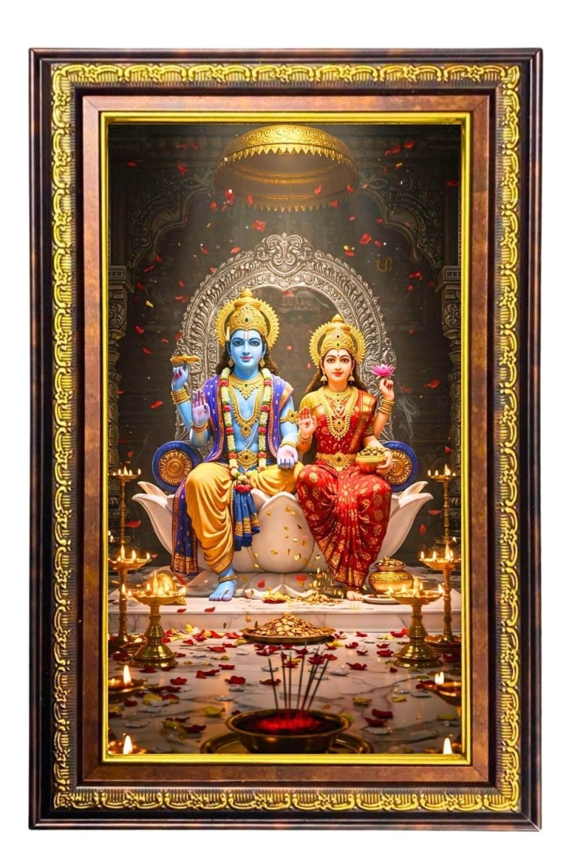 Lord Vishnu Laskmi Digital Golden Balck Color Photo Frame | Hindu Religious Wall Decor | 10x16 Inches - Inspirational Wall Art For Office, Home Decor - Ideal Spiritual Gift (F16722)