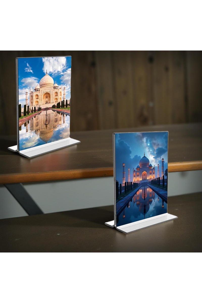 Taj Mahal Acrylic T-Style Photo Stand - 7x9 Inches, Compact and Stylish Spiritual Display, easily change 2 photos (Pack of 1)