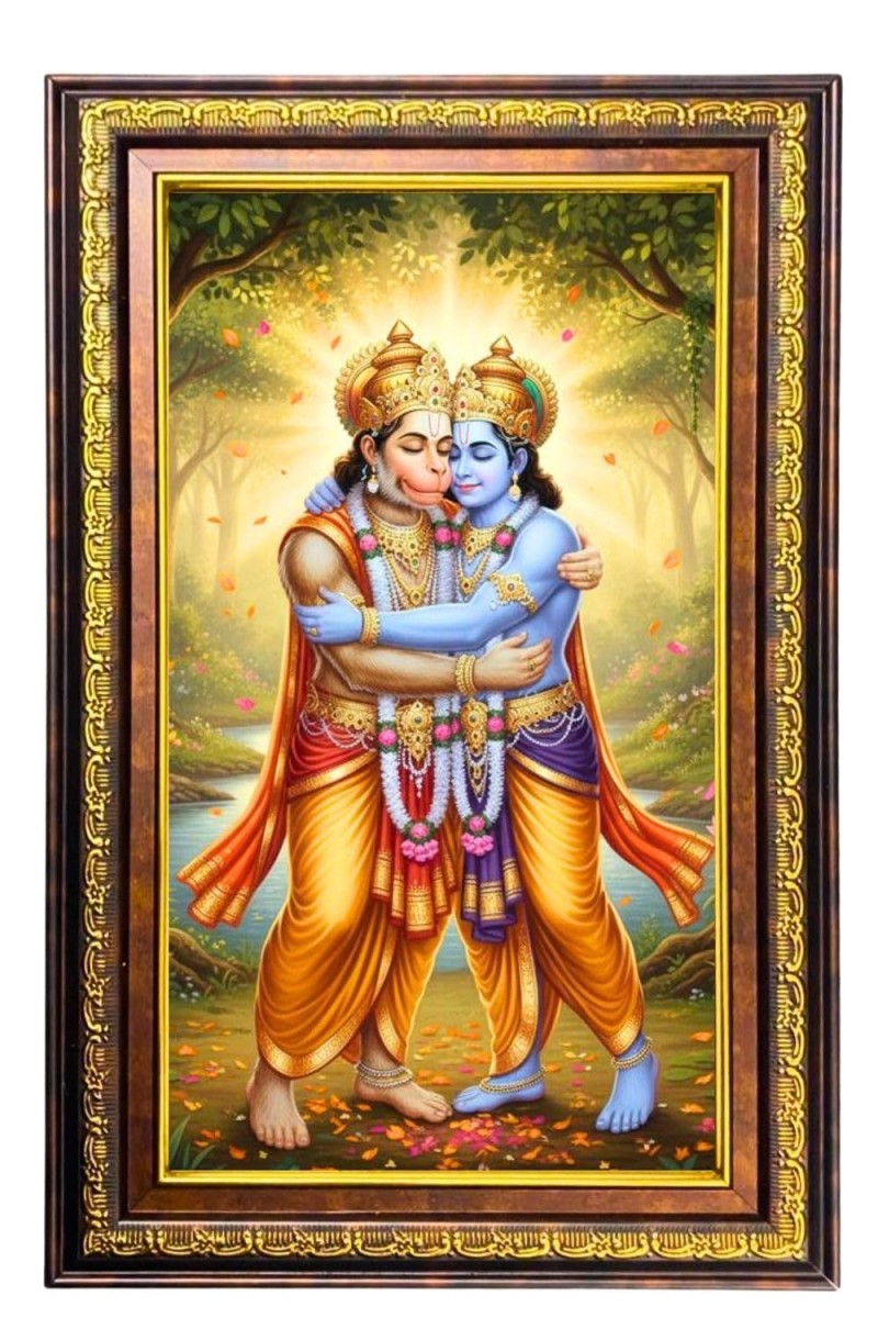 Lord Hanuman And Lord Rama Digital Golden Balck Color Photo Frame | Hindu Religious Wall Decor | 16x22 Inches - Inspirational Wall Art For Office, Home Decor - Ideal Spiritual Gift (F16706)