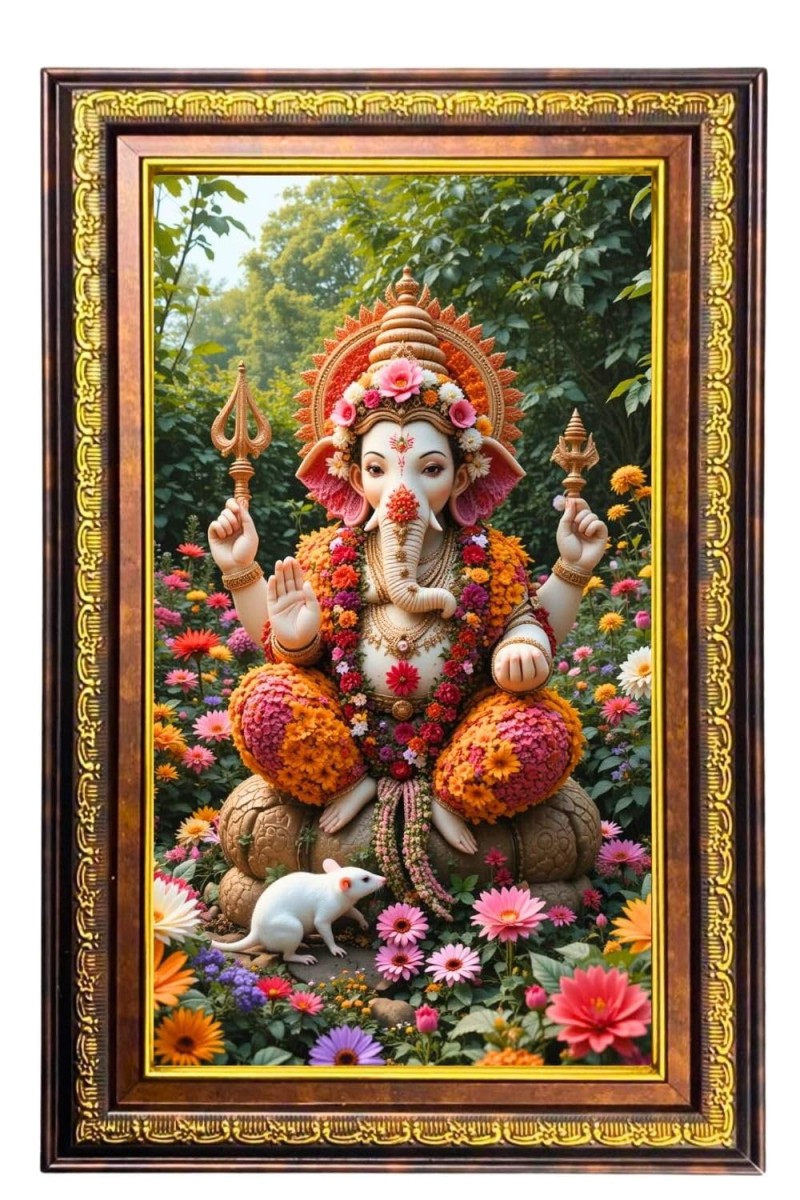 Lord Ganesha Digital Golden Balck Color Photo Frame | Hindu Religious Wall Decor | 10x16 Inches - Inspirational Wall Art For Office, Home Decor - Ideal Spiritual Gift (F16589)
