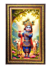 Lord Krishna Digital Golden Balck Color Photo Frame | Hindu Religious Wall Decor | 18x24 Inches - Inspirational Wall Art For Office, Home Decor - Ideal Spiritual Gift (F16818)