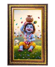 Lord Krishna Digital Golden Balck Color Photo Frame | Hindu Religious Wall Decor | 18x24 Inches - Inspirational Wall Art For Office, Home Decor - Ideal Spiritual Gift (F16817)